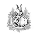 a mystical forest with a ram rabbit surrounded by roses and swords tattoo design idea