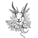 a mystical forest with a ram rabbit surrounded by roses and swords tattoo design idea