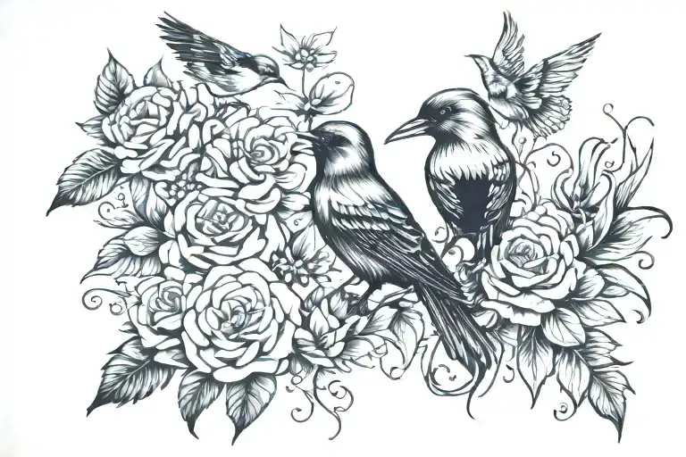 Victoria with flowers and birds  tattoo design idea