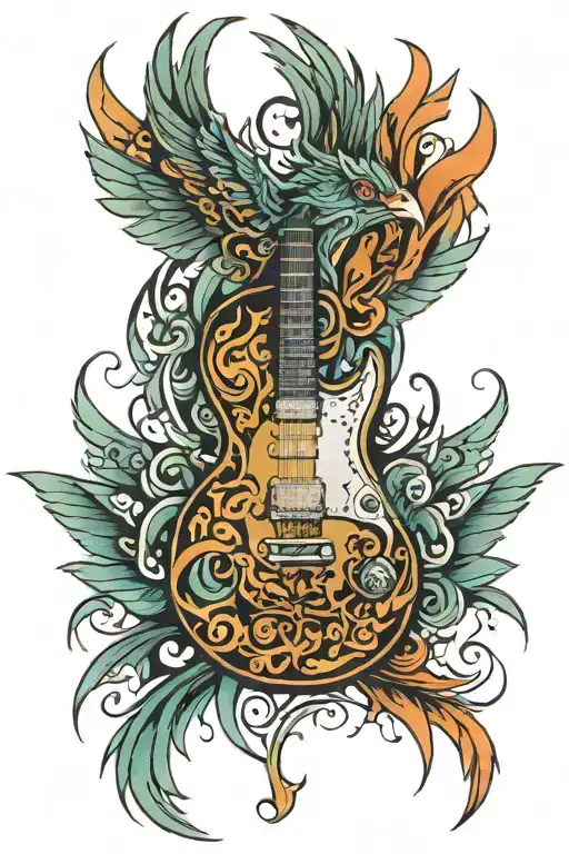 Tribal Phoenix Guitar tattoo design idea