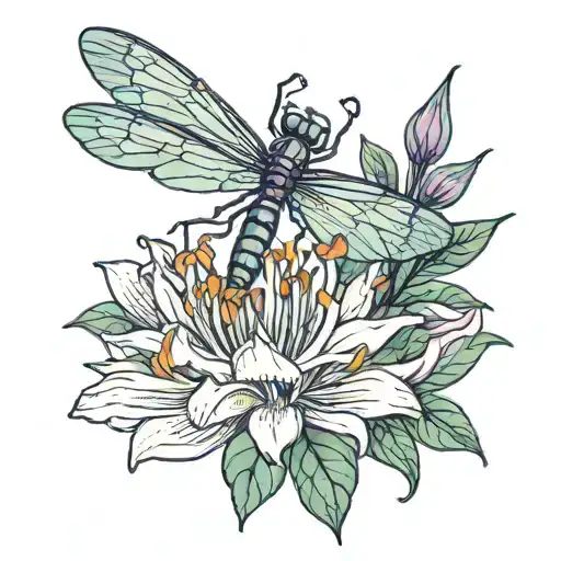 A colorful tattoo of a lycoris radiata flower with a dragonfly hovering above it, combining the client's favorite flower and insect tattoo design idea