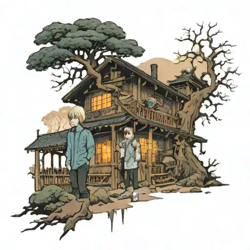 An eerie scene of Sam and Colby exploring a haunted house, with ghostly figures lurking in the background tattoo design idea