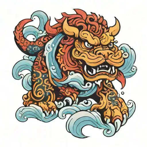 A majestic Fu dog surrounded by Japanese waves and clouds in a new-school style tattoo tattoo design idea