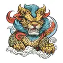 A majestic Fu dog surrounded by Japanese waves and clouds in a new-school style tattoo tattoo design idea