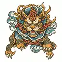 A majestic Fu dog surrounded by Japanese waves and clouds in a new-school style tattoo tattoo design idea