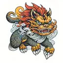 A majestic Fu dog surrounded by Japanese waves and clouds in a new-school style tattoo tattoo design idea