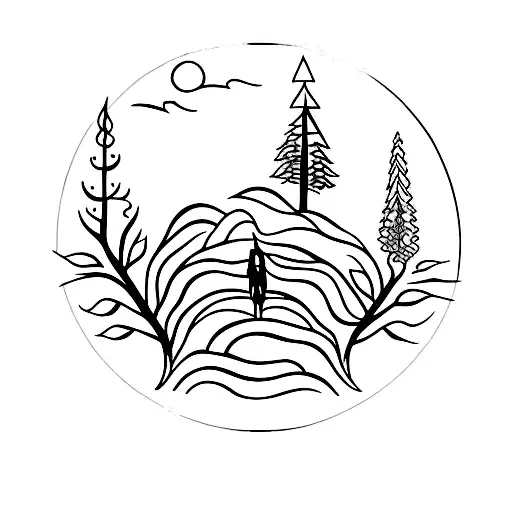 A minimalist tattoo of a forest landscape with the silhouette of Gandalf and his staff tattoo design idea