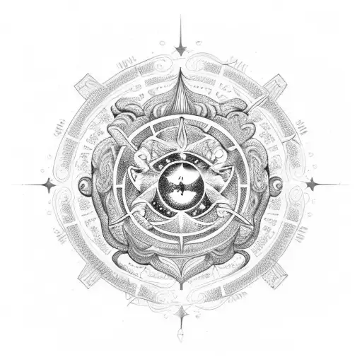 A celestial scene featuring the Libra, Leo, and Cancer zodiac symbols intertwined in a cosmic dance tattoo design idea