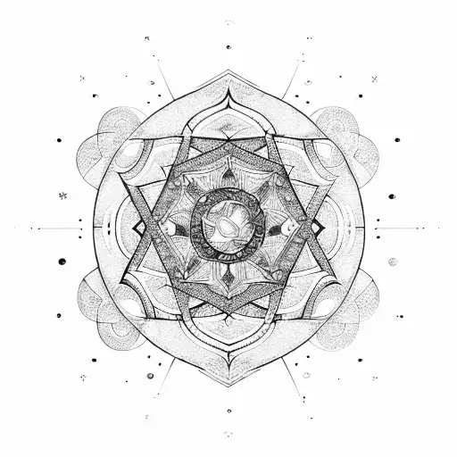 A geometric mandala design incorporating elements of all three zodiac signs in a symmetrical pattern tattoo design idea