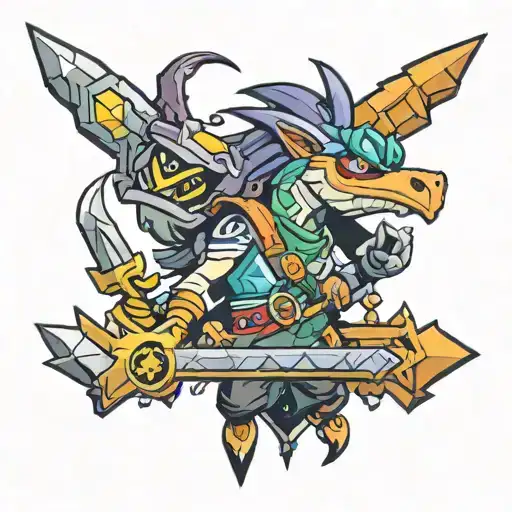 Haku Haku from crash bandicoot, sparx from Spyro, and the buster sword from Final Fantasy 7 tattoo design idea