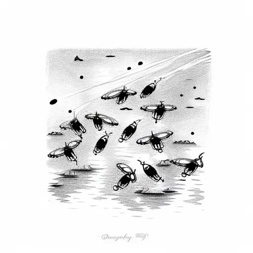 Glowing fireflies dancing around a moonlit lake tattoo design idea