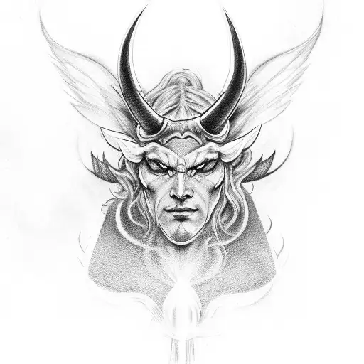 angle and demon one with horns the other with a halo both with long hair covering their faces tattoo design idea