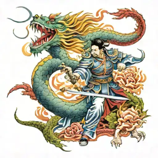 chinese warrior slaying dragon tattoo design idea