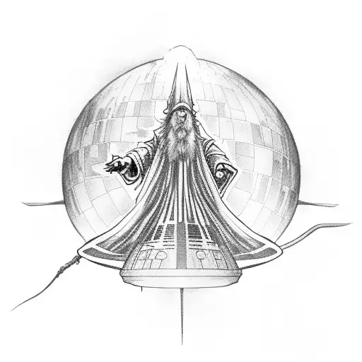 Dumbledore and Gandalf riding on broomsticks shaped like the USS Enterprise with the Death Star in the background tattoo design idea