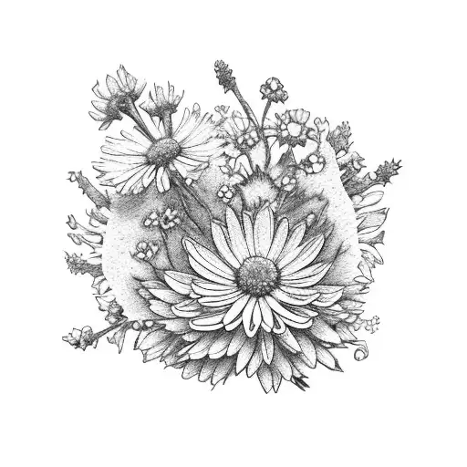 A heart-shaped bouquet of larkspur and chrysanthemum flowers, symbolizing the love and connection between two sisters born in July and November tattoo design idea