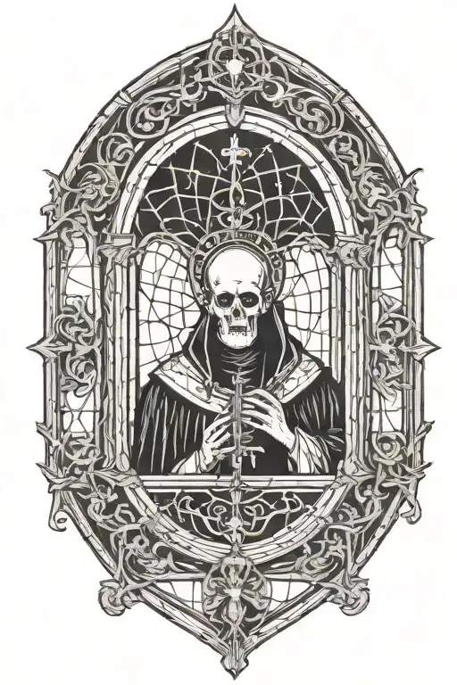 Gothic window with a pope with corpse paint in the center. Satanatic details throughout. tattoo design idea