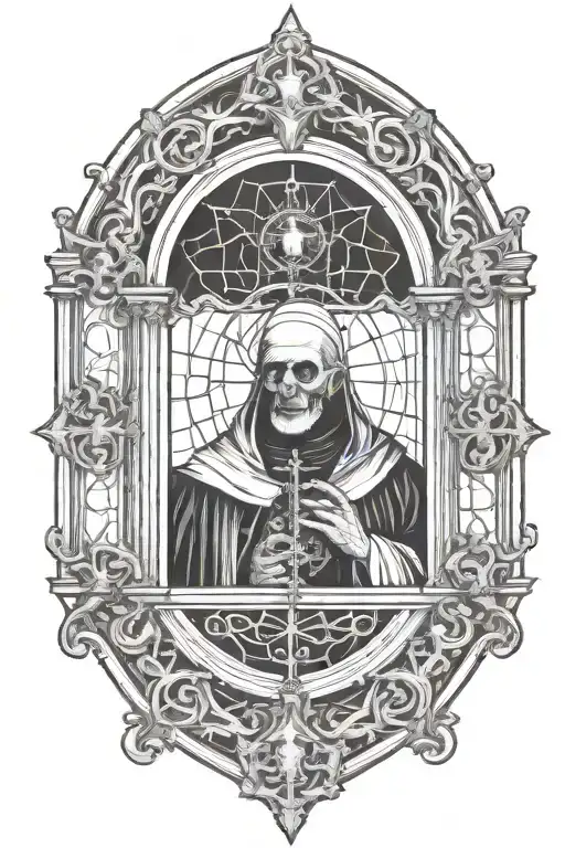 Heavy black line work Gothic window with a pope with corpse paint in the center. tattoo design idea
