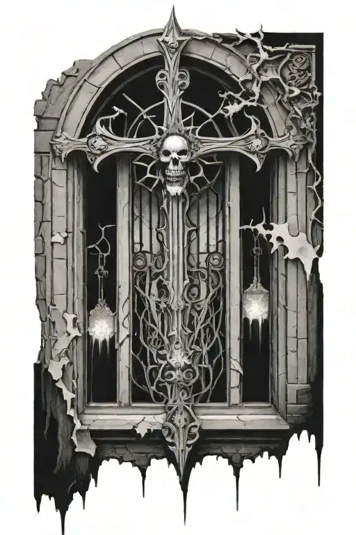 Gothic architectural window with a pole with corpse paint in the center. Satanatic details throughout. tattoo design idea