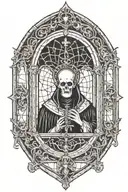 Gothic window with a pope with corpse paint in the center. Satanatic details throughout. tattoo design idea