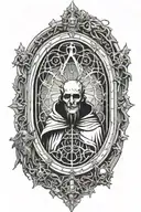 Gothic window with a pope with corpse paint in the center. Satanatic details throughout. tattoo design idea