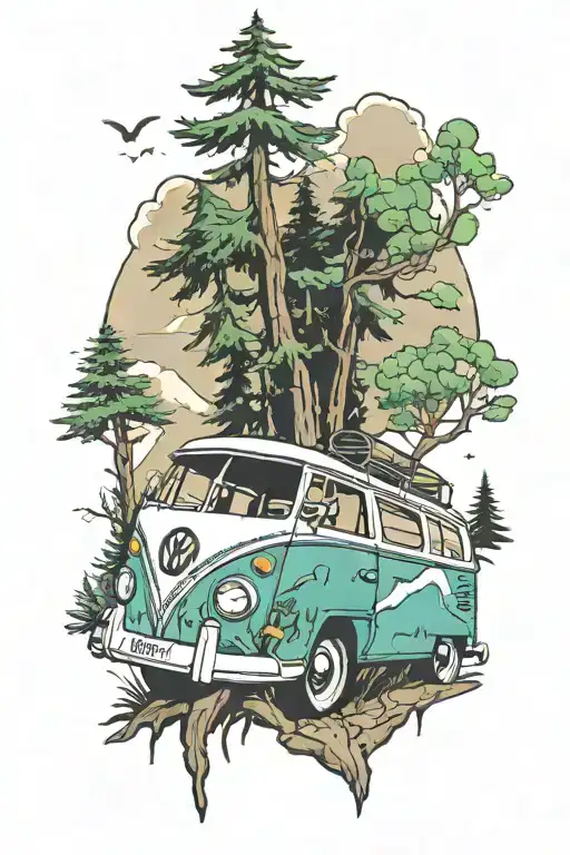 half sleeve tattoo 90s F1 car racing and it transitions to a VW bus camping out in the woods with a big hillside in the  tattoo design idea