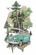 half sleeve tattoo 90s F1 car racing and it transitions to a VW bus camping out in the woods with a big hillside in the  tattoo design idea