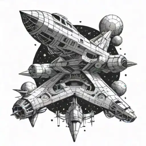 Combine elements of Greek architecture and sci-fi spaceships into a tattoo design, using dotwork to create a detailed and unique look tattoo design idea