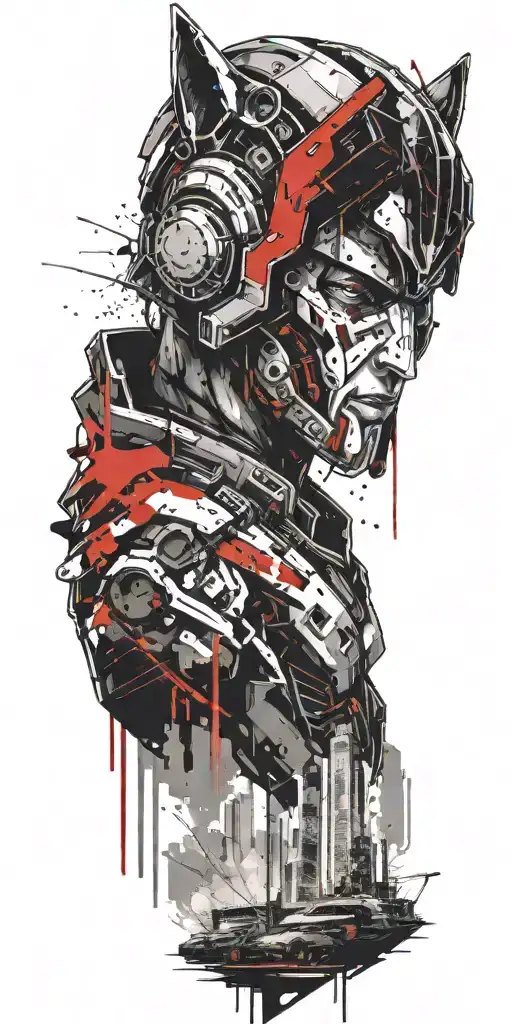 cyberpunk city with a spartan helmet above and a wolf tattoo design idea
