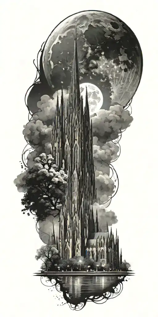 cologne cathedral surrounded by dark and misty with bright moon above tattoo design idea