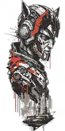 cyberpunk city with a spartan helmet above and a wolf tattoo design idea
