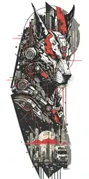 cyberpunk city with a spartan helmet above and a wolf tattoo design idea