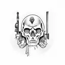 Gangster skull wearing a pinstripe suit and holding a Tommy gun tattoo design idea