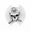 Gangster skull wearing a pinstripe suit and holding a Tommy gun tattoo design idea