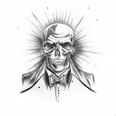 Gangster skull wearing a pinstripe suit and holding a Tommy gun tattoo design idea