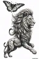lion above wolf with butterfly on its nose tattoo design idea