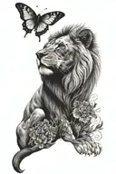 lion above wolf with butterfly on its nose tattoo design idea