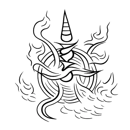 A minimalist tattoo of a fire element surrounded by flowing river water tattoo design idea
