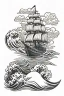 waves with row boat tattoo design idea