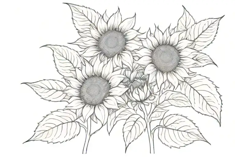 A full-fledged black and white sketch for sunflowers tattoo. At least three sunflowers, beautiful leaves. The picture sh tattoo design idea