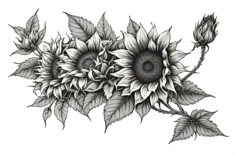 A full-fledged black and white sketch for sunflowers tattoo. At least three sunflowers, beautiful leaves. The picture sh tattoo design idea
