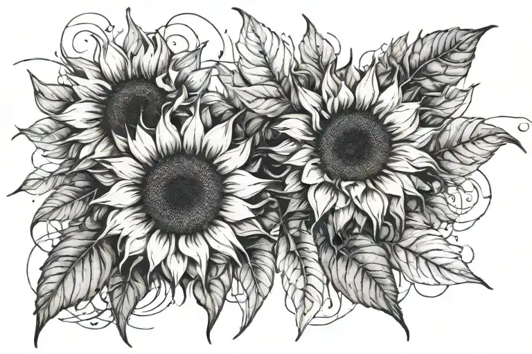 A full-fledged black and white sketch for sunflowers tattoo. At least three sunflowers, beautiful leaves. The picture sh tattoo design idea