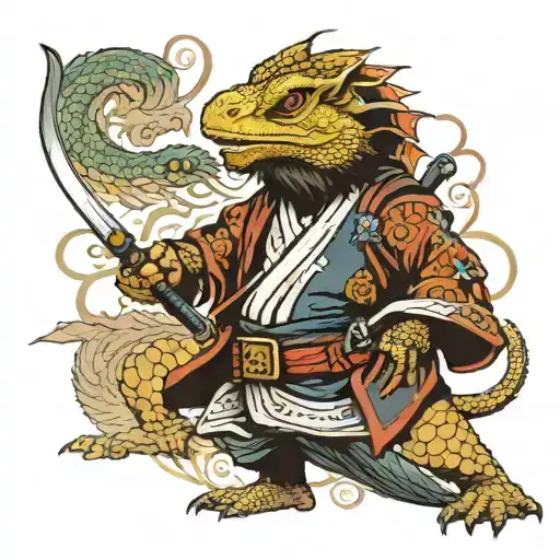 Samurai with a katana on his belt, a bearded dragon flies below tattoo design idea