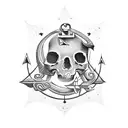 Black minimalistic with elements of nature, anchor, skull and maths and astronomy  tattoo design idea