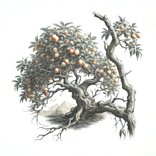 peach tree, half of which is dead tree with creeping tattoo design idea