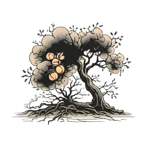 peach tree, half of which is dead tree with creeping tattoo design idea