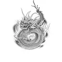 A magnificent traditional Japanese dragon tattoo etched in solid black ink, expertly rendered with intricate complexity. tattoo design idea