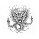 A magnificent traditional Japanese dragon tattoo etched in solid black ink, expertly rendered with intricate complexity. tattoo design idea