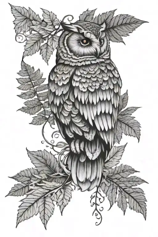ivy leaf and fern leaf and owl feather  tattoo design idea