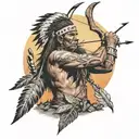 native american shooting bow and arrow old west sunset  tattoo design idea