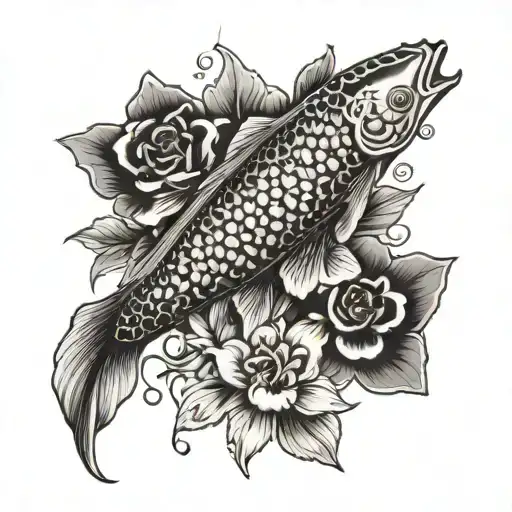 koi fish with numeral numbers and lili pads flowers  tattoo design idea